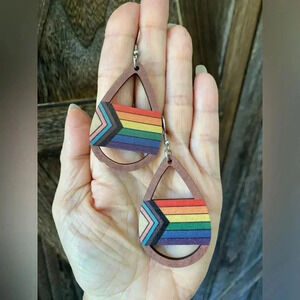 Handmade Wood Wooden Progress Flag LGBTQ Pride Teardrop Earrings NEW